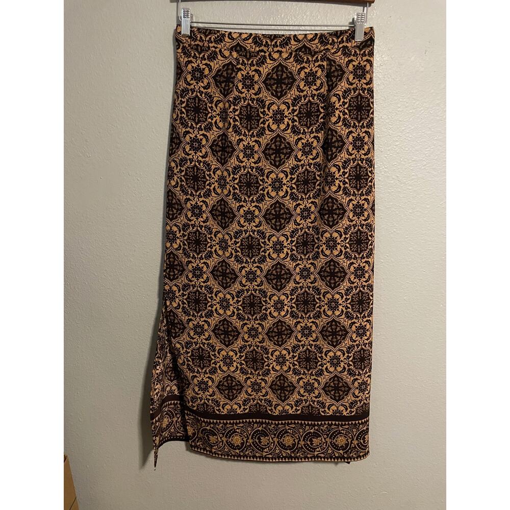 Vintage Momentum Skirt Womens Large Brown Floral Elastic Waist Slit Boho 90s